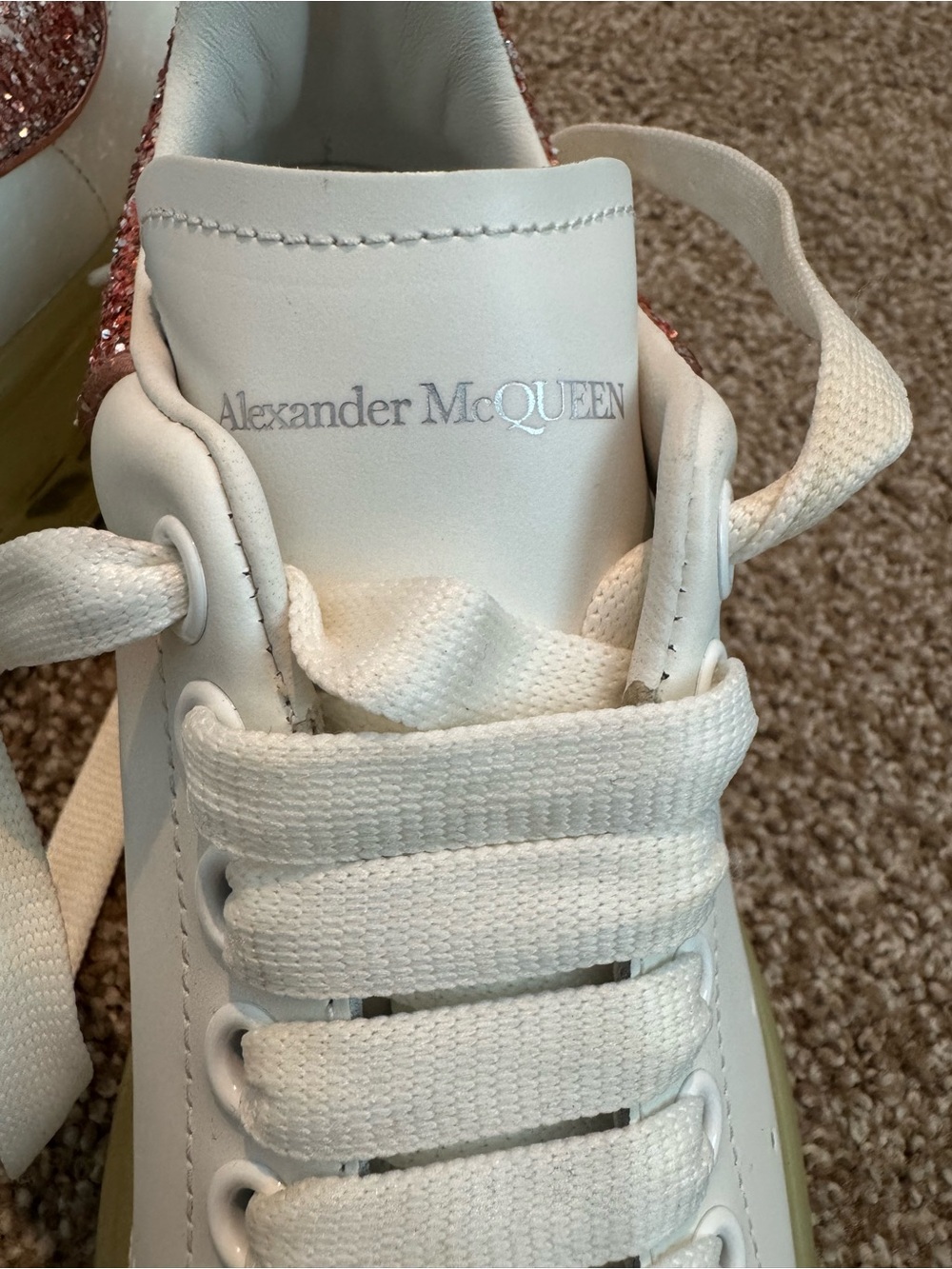 Alexander McQueen White Kids Sneakers with Pink Glitter Heel Accent